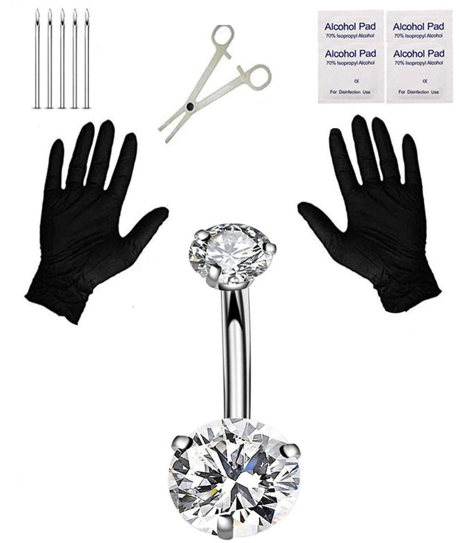 14G Belly Button Ring with 316L Steel Piercing Needles and Clamp Belly Kit