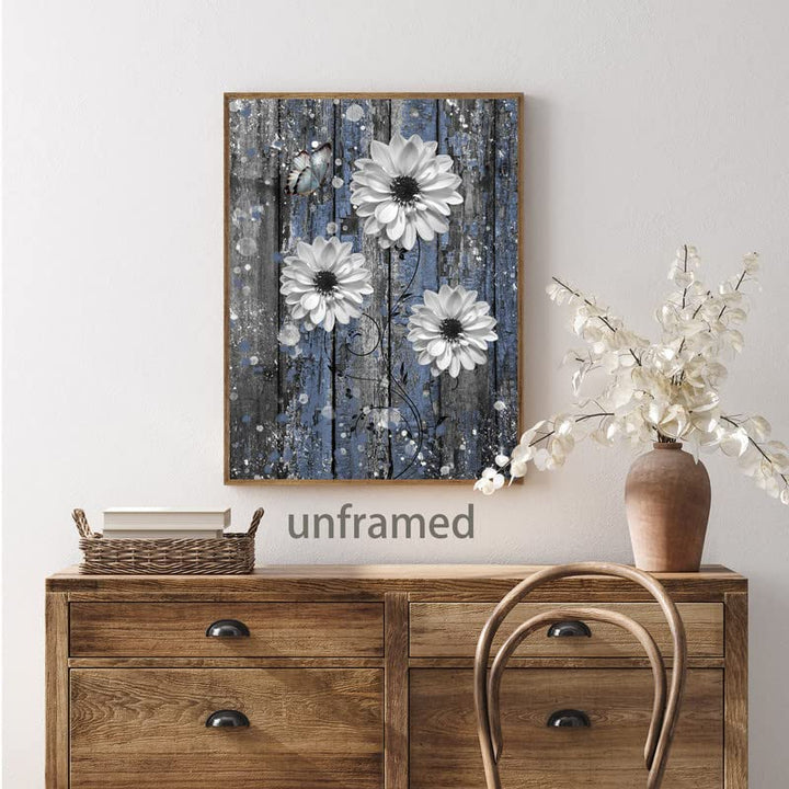Rustic Farmhouse Dahlia Wall Art Bathroom Wall Decor Blue Dahlia Picture Rustic Blue Flowers Butterfly Canvas Print Painting Dahlia Wood Board Artwork for Bedroom Living Room Unframed