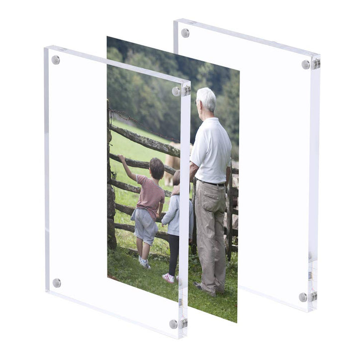 Acrylic Photo Frame 5x7 inches, Free Standing Desktop Double Sided Magnetic Picture Display, 10 + 10MM Thickness Clear Magnet Photo Frame with Microfiber Cloth, Gift Box Package