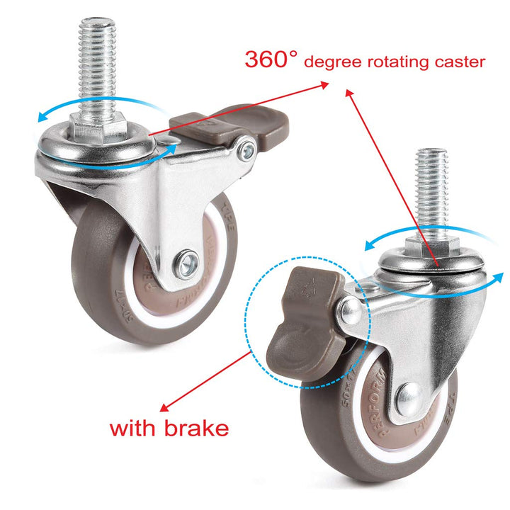 4 Pcs 1&#39;&#39; Swivel Threaded Stem Casters, TPE Mute Crib Caster, M6×15 Stem Caster Wheels with Brake, Replacement for Baby Bed, Cabinet, Table, Shelf, Total Load Capacity 99Lbs
