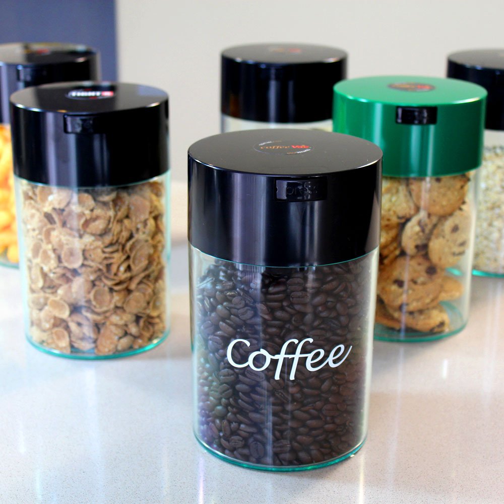 Coffeevac 1/2 LB – Patented Airtight Container | Multi-use Vacuum Container Works as Smell Proof Containers for Ground Coffee and Coffee Bean Containers. Green Cap and Black Body