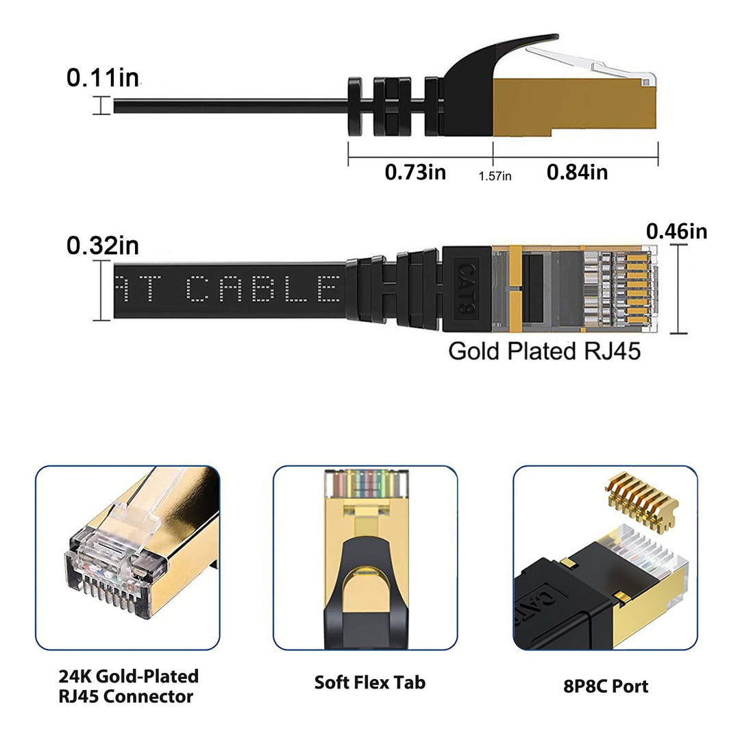 Cat 8 Ethernet Cable 20 FT, 40Gbps 2000MHz Cat8 High Speed Flat Internet Network Patch Cord, SFTP Shielded Lan Wire with Gold Plated RJ45 Connector for Outdoor Indoor, with 15 Clips- 20FT Black