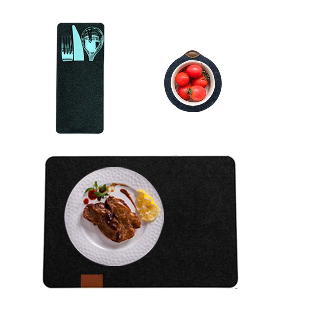Dining Table Mat, Felt Table Mat Set, 6 Table Mats, 6 Glass Coasters, 6 Tableware Bags, High Temperature Resistant Washable Non-Slip Placemats (Dark Grey)