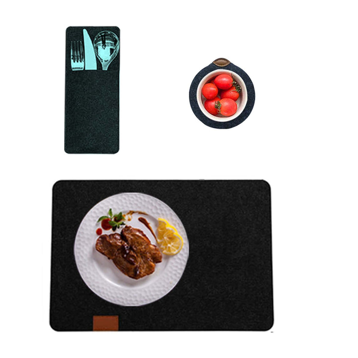 Dining Table Mat, Felt Table Mat Set, 6 Table Mats, 6 Glass Coasters, 6 Tableware Bags, High Temperature Resistant Washable Non-Slip Placemats (Dark Grey)