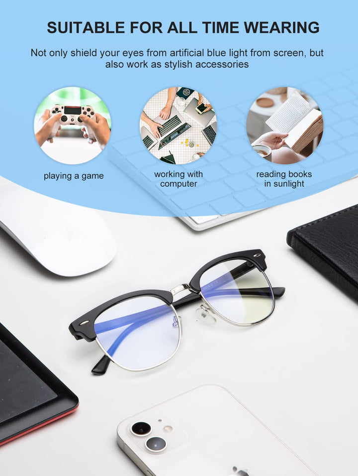 Blue Light Glasses for Women and Men Advanced Computer and Gaming Glasses Semi Rimless Glasses with Blue Light Blocking Release Computer Eye Strain (Matte Black/Silvery Rim + Glossy Black/Black Rim)