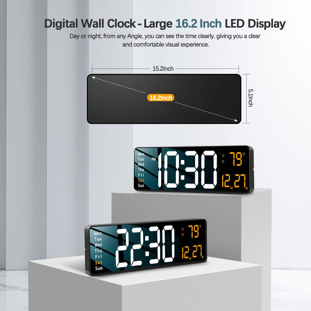 Modern 16 Large Digital Wall Clock with Remote Control, LED Display, Auto-Dimming, Countdown, Temperature, Calendar - 12/24Hr Format - Silent Wall Clock for Home, Office, or Gym Use (Orange)