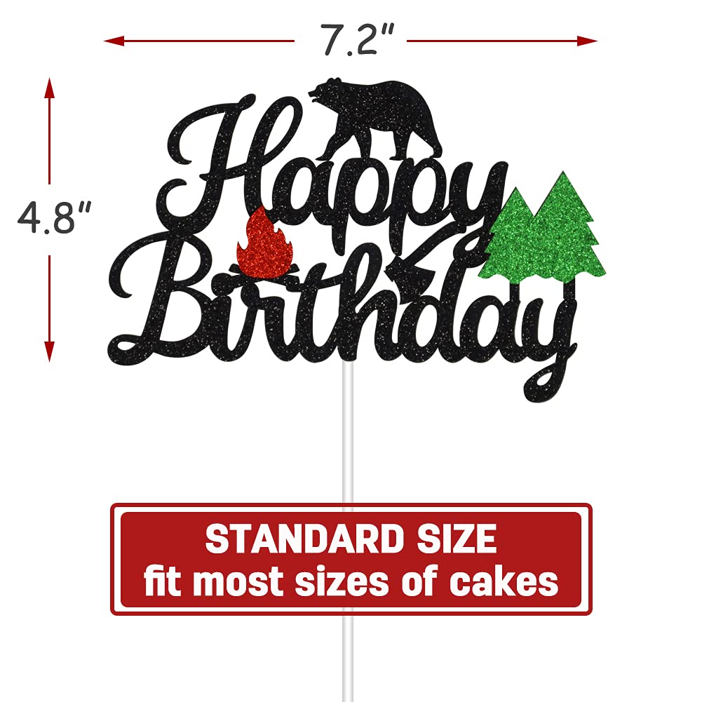 Camping Happy Birthday Cake Topper for Winter Lumberjack Bear Woodland Camping Hunting Themed Baby Shower Wild One 1st Birthday Party Supplies(Double-sided)
