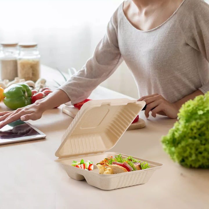 90 Pack Clamshell Take Out Food Containers (8 x 8, 3-Compartment), Compostable Heavy-Duty to Go Containers, Natural Disposable Bagasse Containers, Made of Sugar Cane Fibers