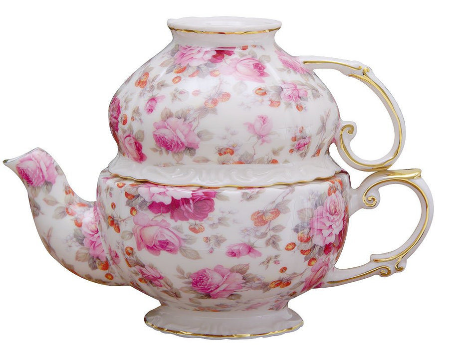 5-1/4-Inch Tea For One Set, Pink Peony Chintz with Gold Trim