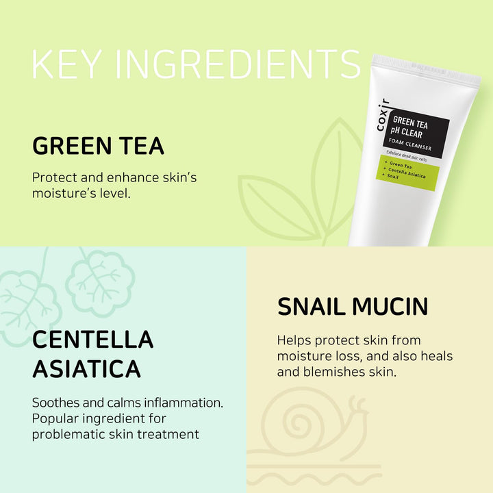 coxir GREENTEA PH CLEAR FOAM CLEANSER l Low pH Formula 