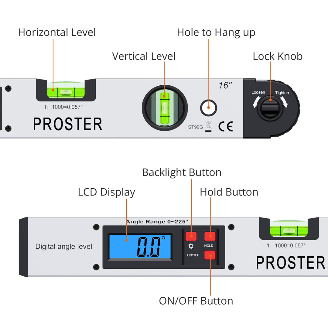 Proster 0-225° Digital Angle Finder Protractor - Alumin