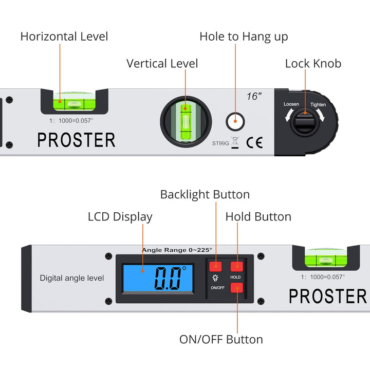 Proster 0-225° Digital Angle Finder Protractor - Alumin