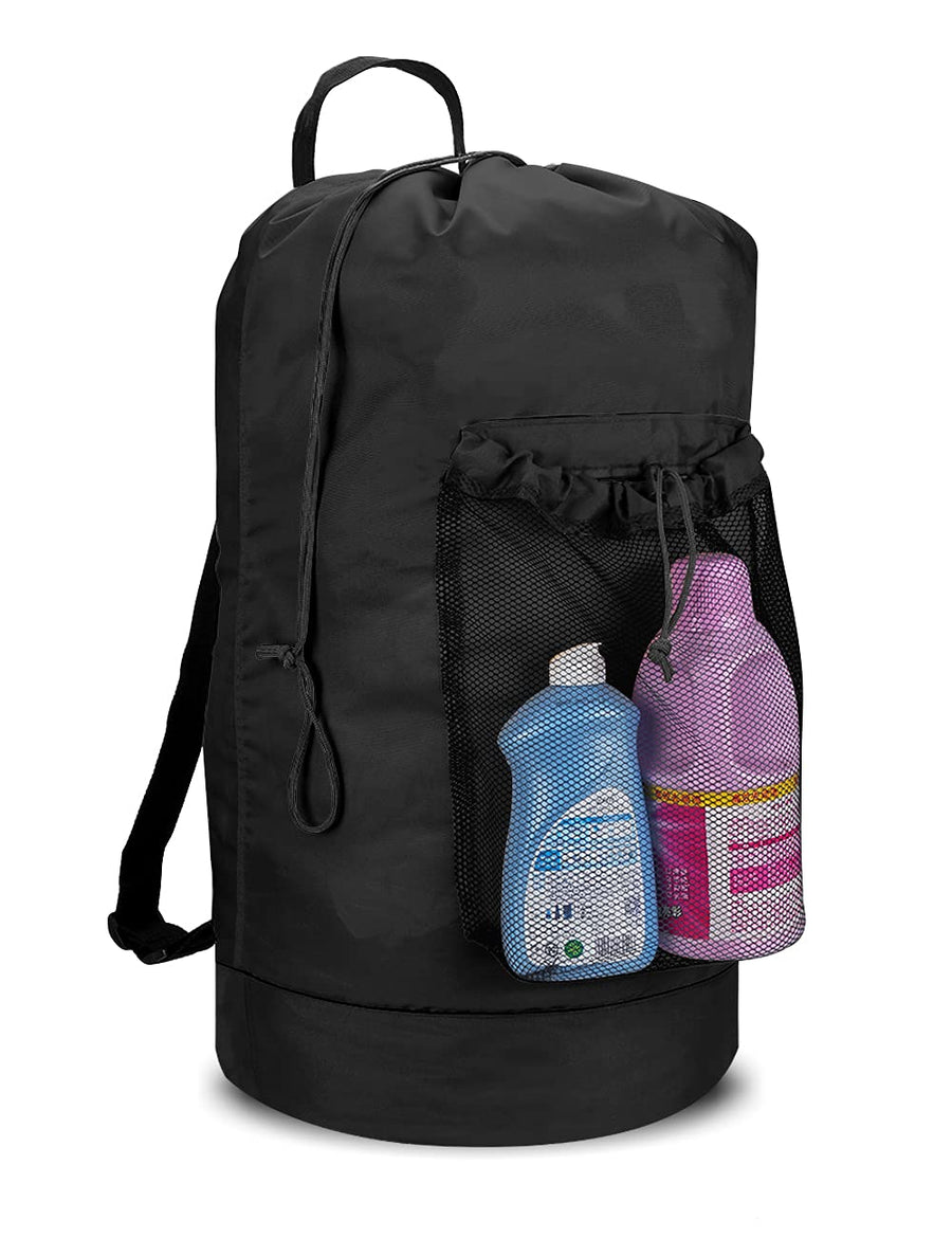 Backpack Laundry Bag with Shoulder Straps and Mesh Pocket Durable Nylon Clothes Hamper Bag with Drawstring Closure for College, Travel, Laundromat, Apartment