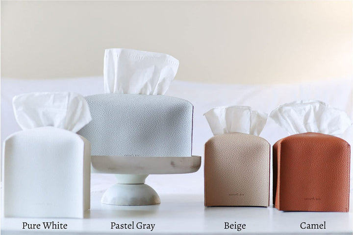 Tissue Box Cover Holder, Square with Bottom Belt by Carrot&#39;s Den - PU Leather Decorative Organizer for Tabletop, Bathroom, Car, Office | Beige