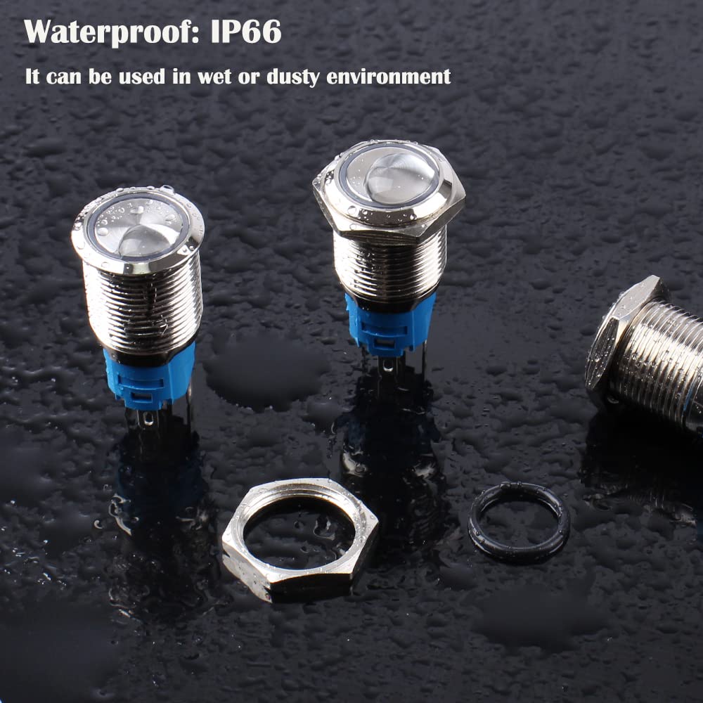 5pcs 16mm Metal Waterproof Momentary Push Button Switch Self-Reset Silver Shell 5/8 Mounting Hole, 12V-24V ON Off 5Pins 1NO 1NC Plug in Halo Ring LED Light 5Colors (Blue,Orange,Green,Red,White)