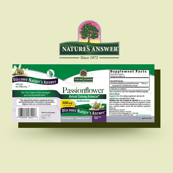 Nature&#39;s Answer Passion Flower| Dietary Supplement | Natural Calming Botanical | Non-GMO | Alcohol-Free, Gluten-Free, Vegetarian &amp; Vegan 60 Capsules