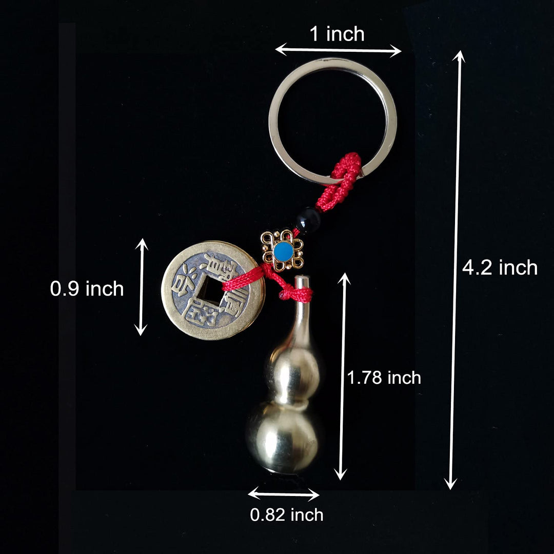 3 Pieces Chinese Gourd Brass Wu Lou Keychains with 1 Pcs Brass Ear Spoon Keychain, Feng Shui Coins Calabash Decorations Pendant for Good Luck, Wealth Success and Longevity, Blessing Paper in it