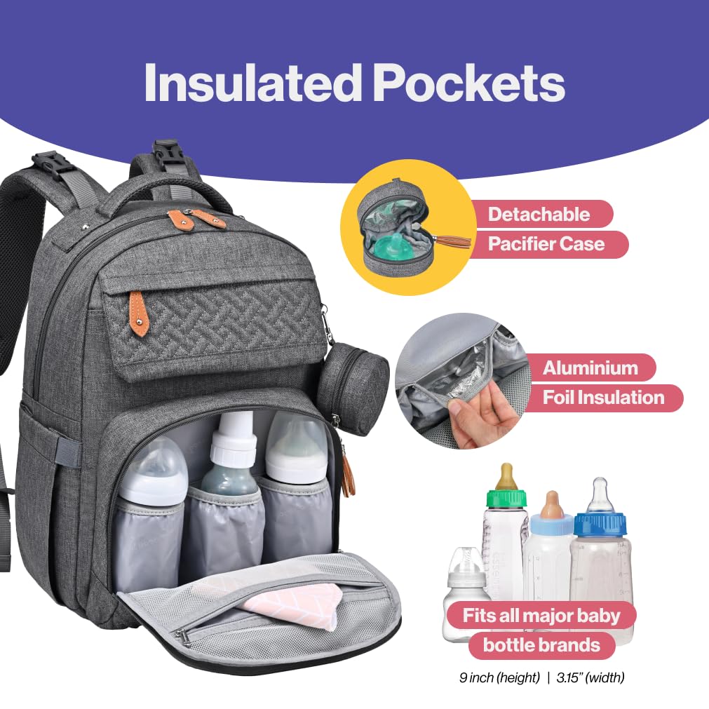 BabbleRoo Diaper Bag Backpack, Travel Backpack with Changing Pad, Pacifier Case & Stroller Straps, Multifunction, Waterproof, Unisex - Dark Gray