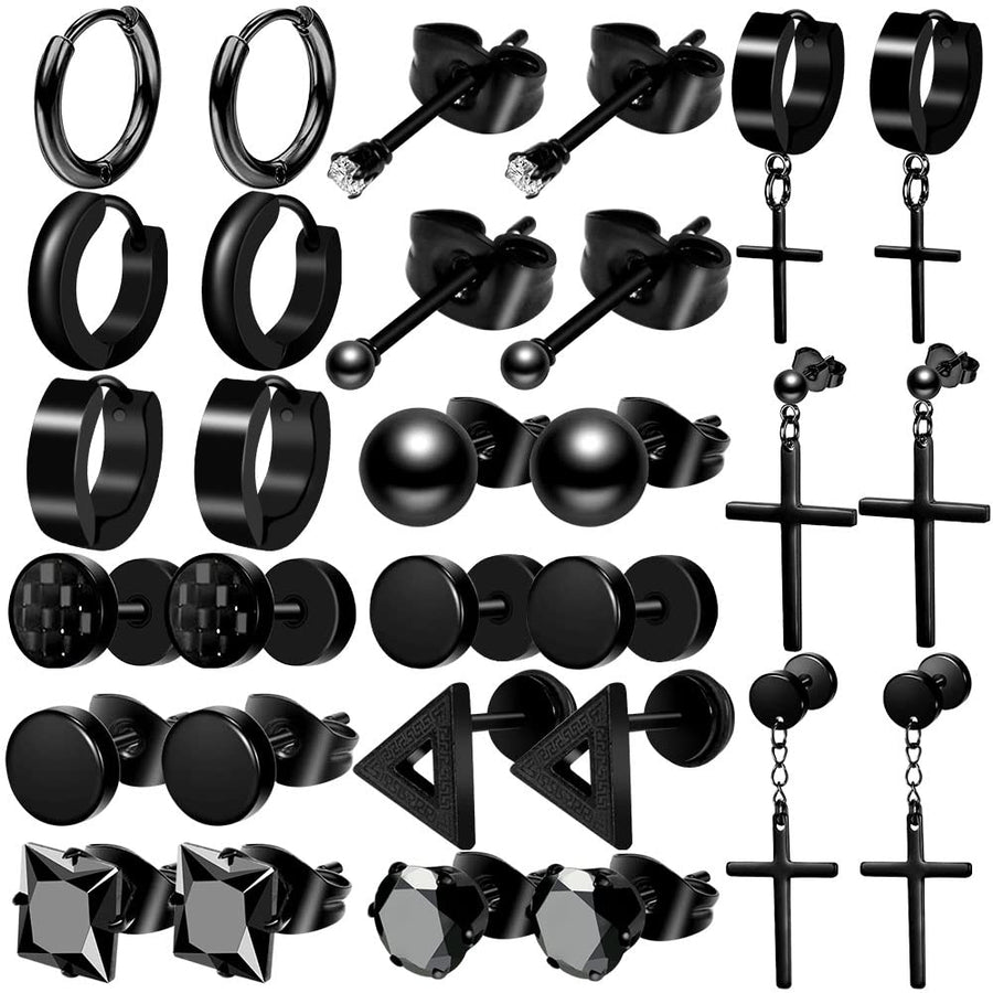 ONESING 15 Pairs Earrings for Men Black Stud Earrings M