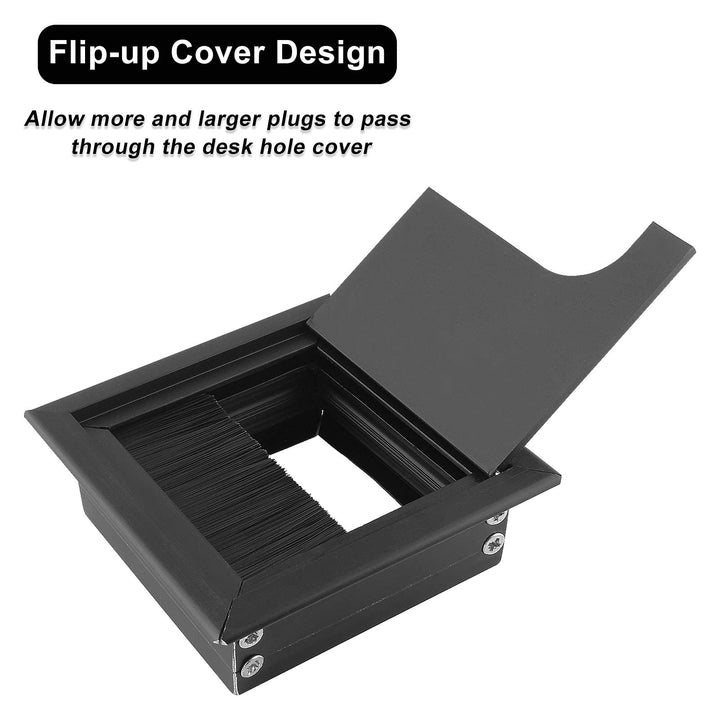 2Pcs Square Brush Desk Cord Grommet 3 Inch 80mm x 80mm Dust-Proof Metal Desk Cable Hole Cover for Computer Desk, Office Desk, Black