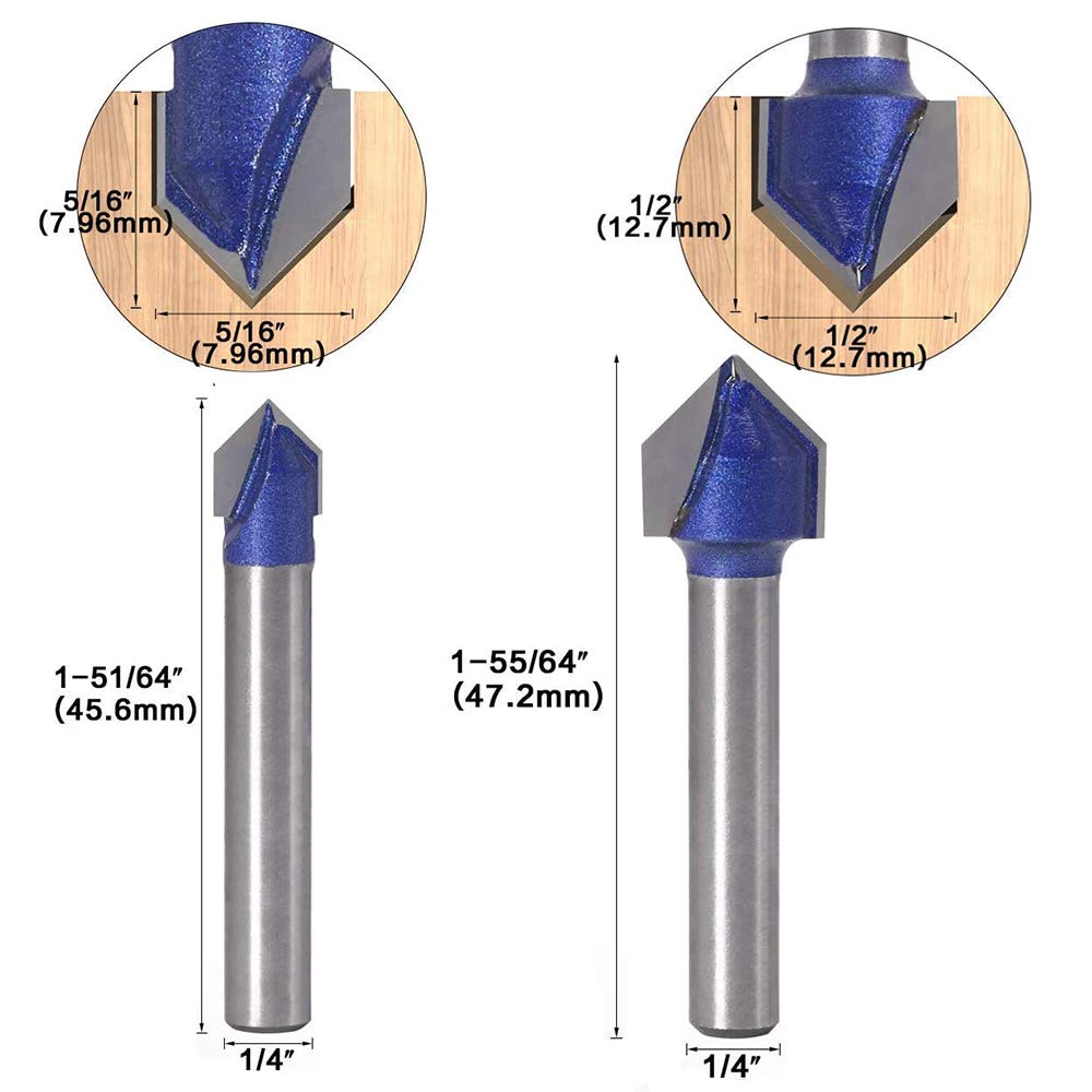 4pcs 90 Degree V Groove Router Bit Set Carbide 1/4 Inch Shank V Cut Router Bit Set V Grooving Bit