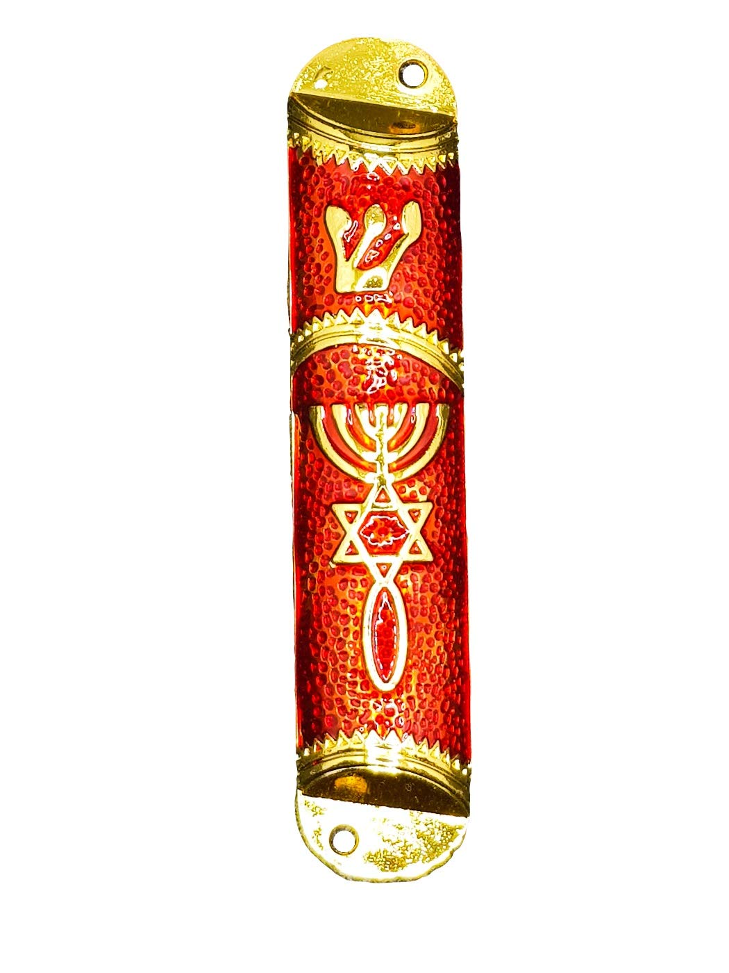 SOLOMON4U Hand Painted Red Enamel Jewish Mezuzah Embellished with Gold Accents and The Messianic Seal Wall Décor Scroll Included Made in Israel (4.2 Inches) (RED)