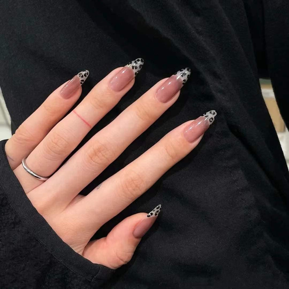 Short Fake Nails,Coffin Press on Nails,Pink Leopard Pattern False Nails for Women and Girls,Tips 24PCS