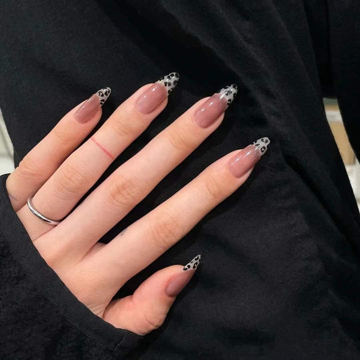 Short Fake Nails,Coffin Press on Nails,Pink Leopard Pattern False Nails for Women and Girls,Tips 24PCS