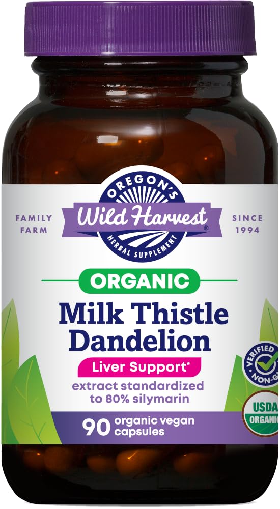 Oregon&#39;s Wild Harvest Certified Organic Milk Thistle Dandelion Capsules Liver Support Extract Standardized to 80% Silymarin, 90 Count