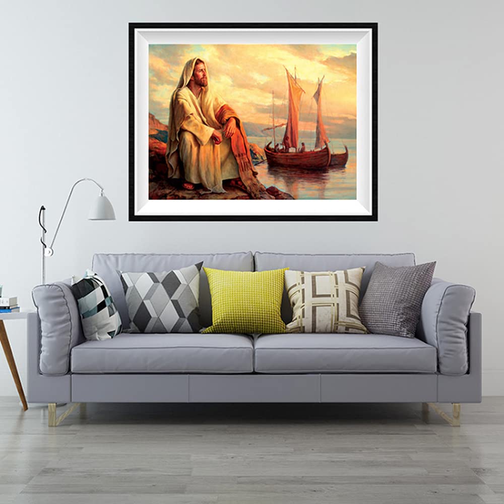 Round Full Drill Diamond Painting Set, 5D DIY Jesus Sailing Diamond Art Kits Jesus Diamond Art Painting by Numbers for Adult Children Diamond Painting with Gem Room Decor (16X12 inches)