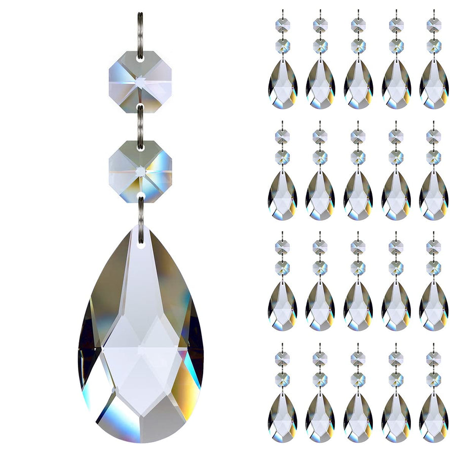 20pcs 50mm Teardrop Chandelier Crystals, Clear Replacement Parts Hanging Pendants Connected Glass Octagon Beads for Chandelier Decoration