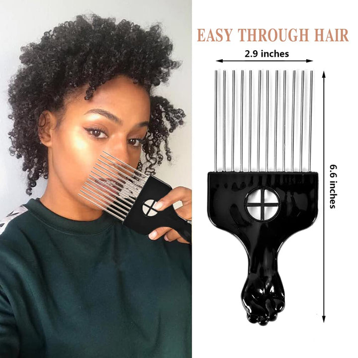 2 Pack Metal Hair Pick for Afro Hair, Hair Pick Afro Comb for Curly Hair, Afro Picks for Women/Men Hair Styling Hairdressing Tool (Black)