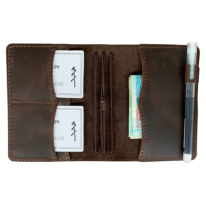Travelers Notebook Cover with Inner Pockets, Card Slots and Pen Holder, Passport Size, Dark Brown