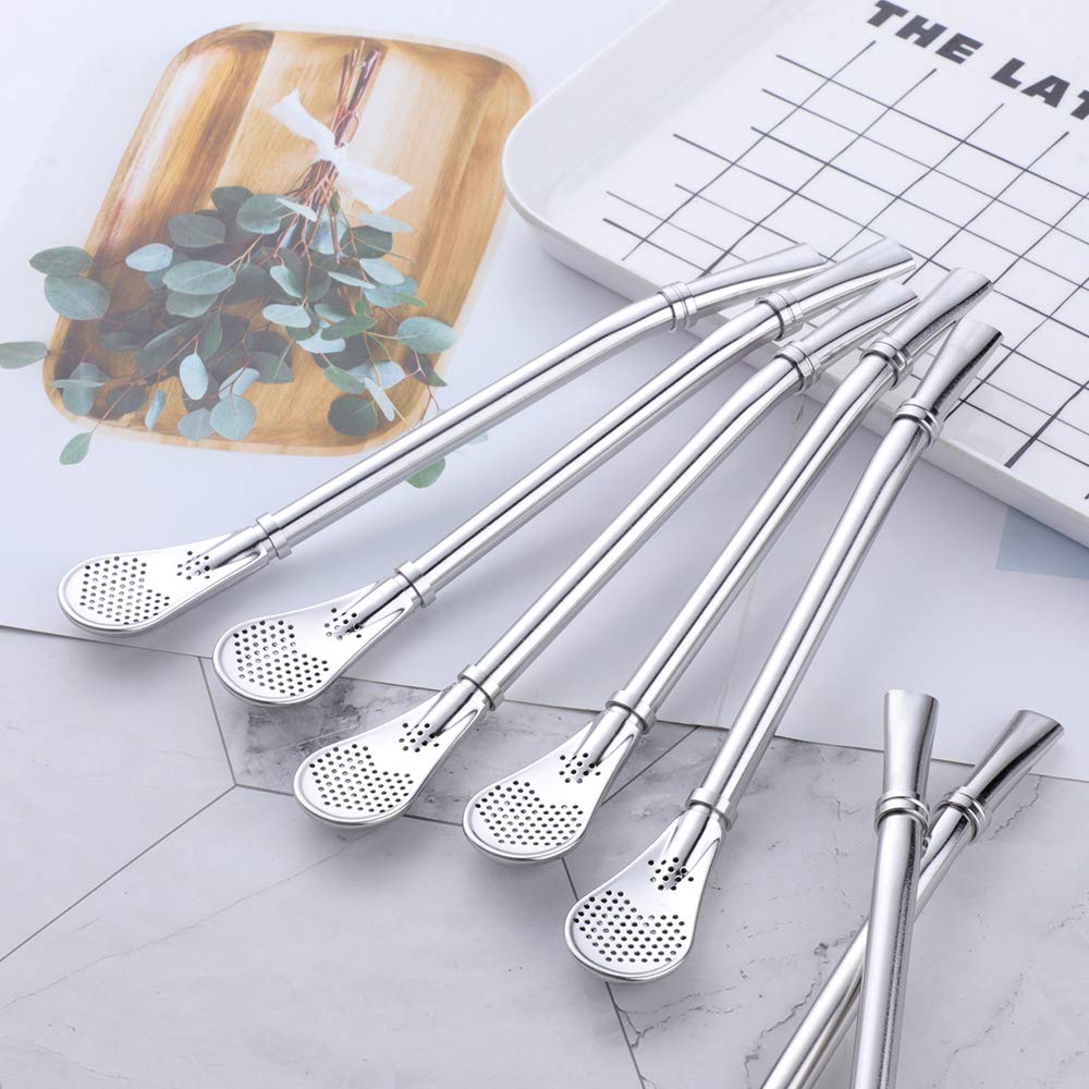 3in1 Metal Straw Spoons for Drinks, 18/8 Stainless Steel Reusable Tea Filter Stirring Drinking Straws,Set of 10, 6.2 inch (8 Straws+ 2 brushes) (Silver)