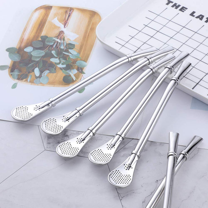 3in1 Metal Straw Spoons for Drinks, 18/8 Stainless Steel Reusable Tea Filter Stirring Drinking Straws,Set of 10, 6.2 inch (8 Straws+ 2 brushes) (Silver)