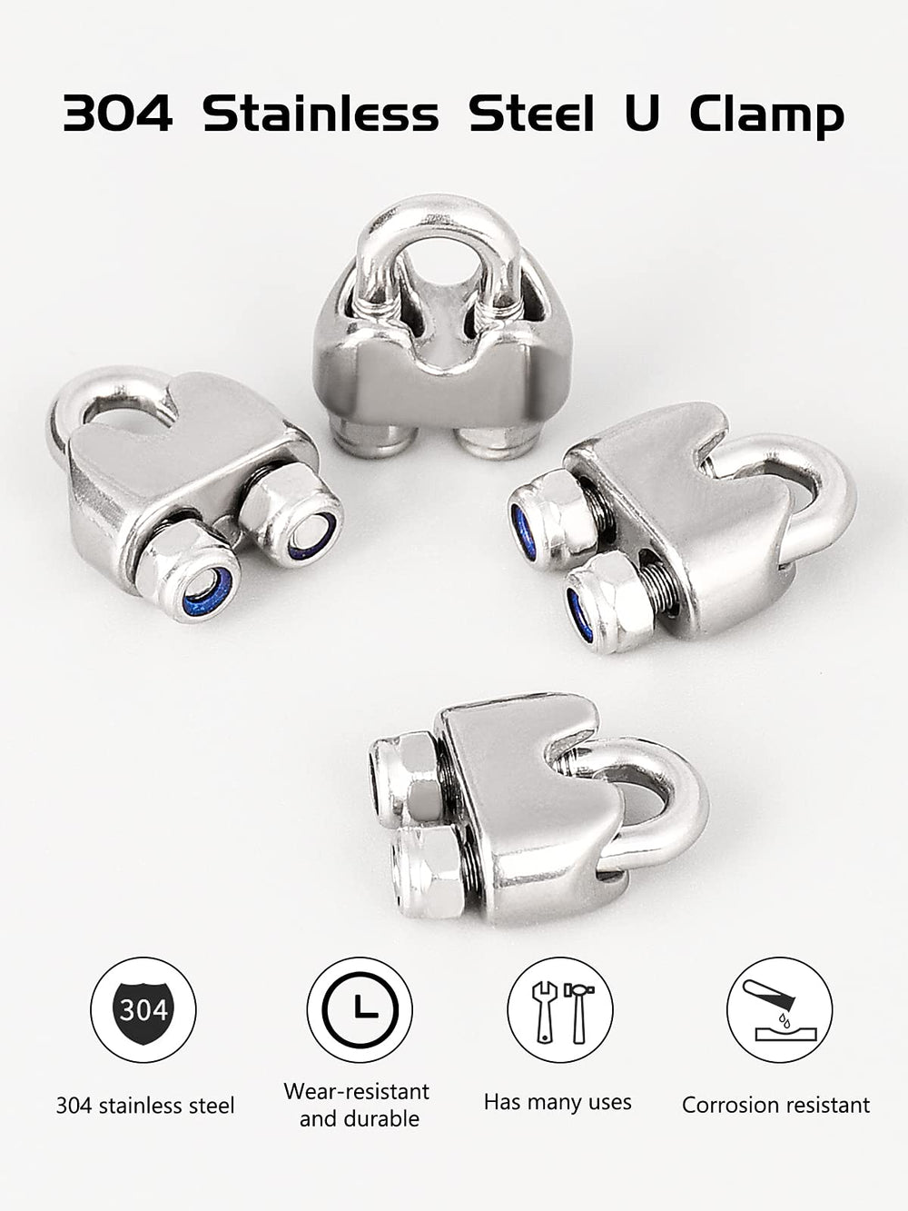 Wire Rope Clip M2 Cable Clamps with Locknut, Stainless Steel U Bolt Saddle Clamp Fasteners with Lock Nuts for Ø 2mm 1/16 Rigging Rope and Tension Cable Garden Wire Ropes 12pcs