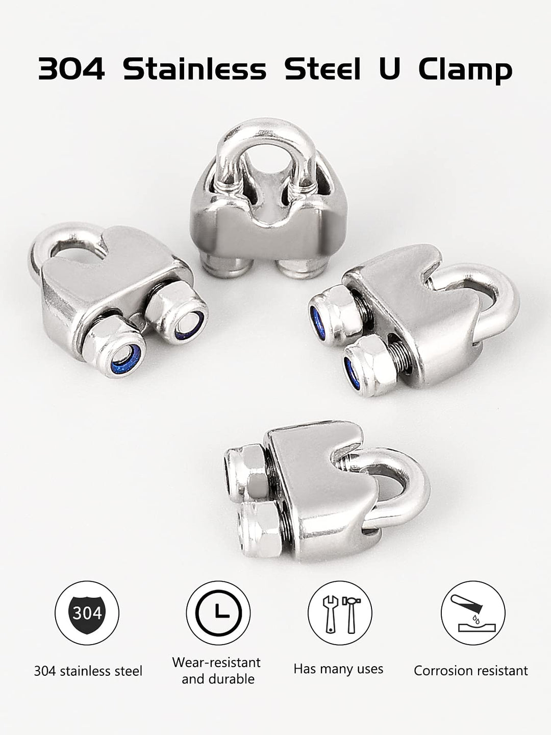Wire Rope Clip M6 Cable Clamps with Locknut, Stainless Steel U Bolt Saddle Clamp Fasteners with Lock Nuts for Ø 6mm 1/4 Rigging Rope and Tension Cable Garden Wire Ropes 24pcs