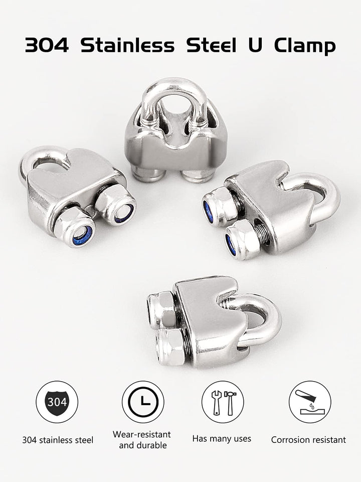 Wire Rope Clip M6 Cable Clamps with Locknut, Stainless Steel U Bolt Saddle Clamp Fasteners with Lock Nuts for Ø 6mm 1/4 Rigging Rope and Tension Cable Garden Wire Ropes 24pcs
