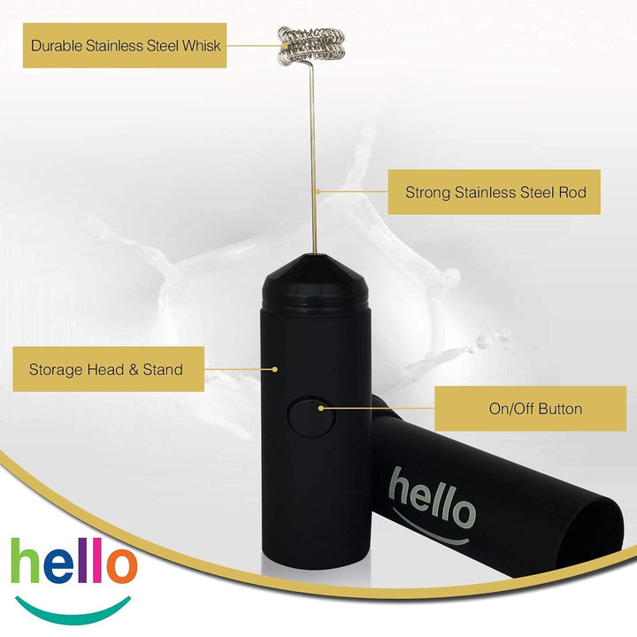 MatchaDNA Hello Handheld Battery Operated Milk Frother with Double Whisk Head for Thick Frothed Milk, Black