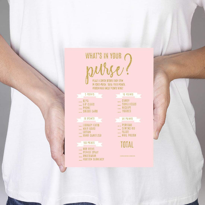 Andaz Press Blush Pink Gold Glitter Print Wedding Collection, What's in Your Purse Bridal Shower Game Cards, 20-Pack