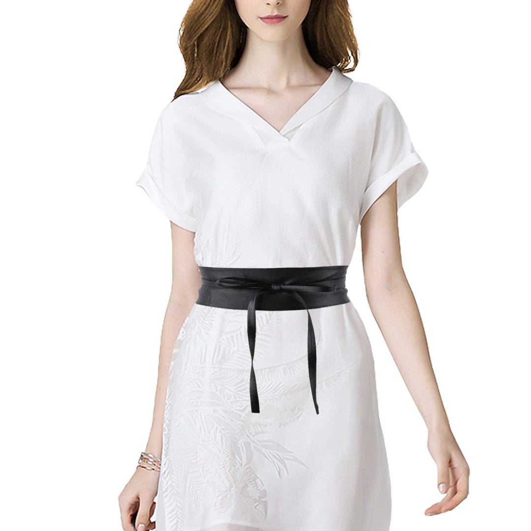 Women&#39;s Bowknot Faux Leather Wrap Around Self Tie Obi Cinch Waist Band Boho Belt,Black,One Size