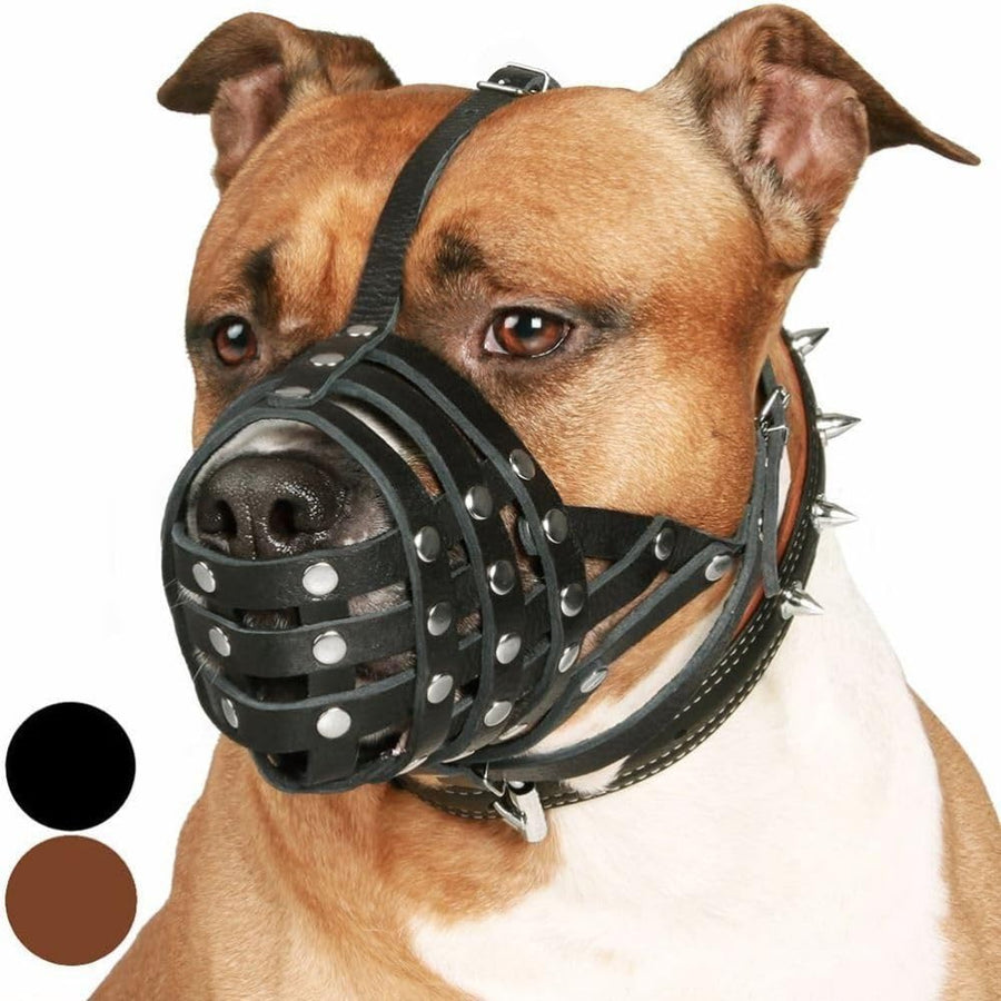 Pitbull Dog Muzzle Leather Amstaff Muzzles Staffordshire Terrier Secure Basket (Black)…