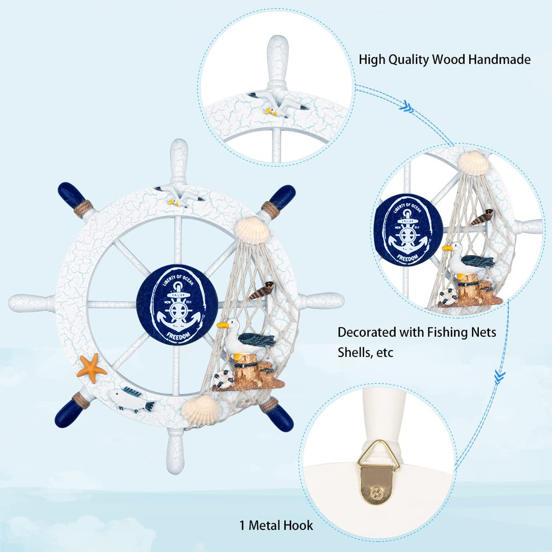 2 Pack 11 Nautical Beach Wooden Ship Wheel and 11 Wooden Anchor with Rope Nautical Boat Steering Wheel Rudder Anchor Wall Art Decor Door Hanging Ornament Beach Theme Home Decoration(White&amp;Blue)