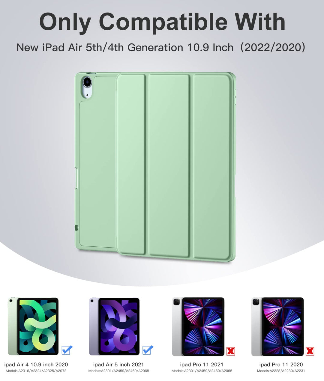 Trifold Stand Case for iPad Air 5th/4th Generation 2022/2020, 10.9 Inch, with Pencil Holder and Wireless Charging - Matcha Green