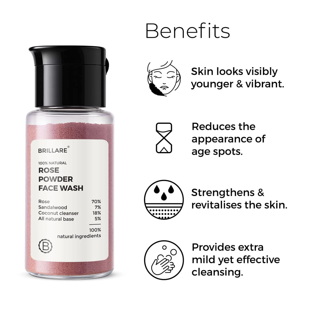 Brillare Rose Face Wash, Anti Ageing Skin, Sandalwood &amp; Coconut Face Wash for Hydration, Reduce Wrinkles &amp; Provides Supple Look, 100% Natural Powder Face Wash, 15g