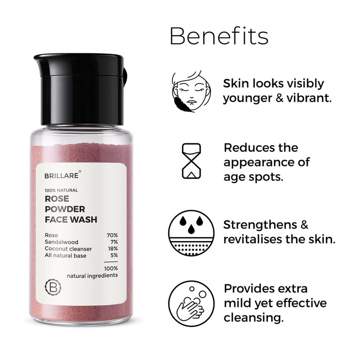 Brillare Rose Face Wash, Anti Ageing Skin, Sandalwood &amp; Coconut Face Wash for Hydration, Reduce Wrinkles &amp; Provides Supple Look, 100% Natural Powder Face Wash, 15g