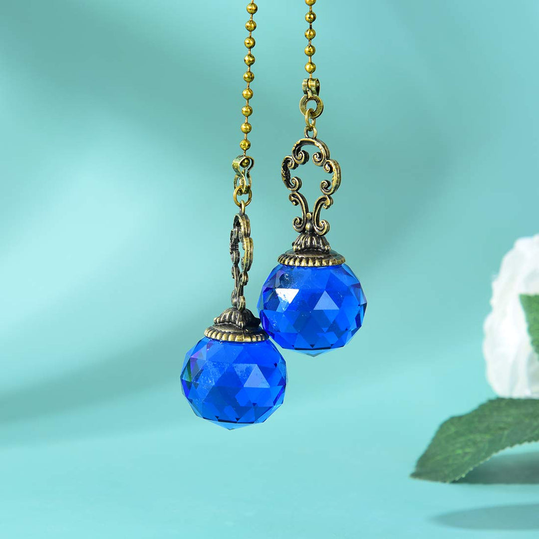 Set of 2 Vintage-Style Blue Fan Pull Ceiling Fan Chain Pulls Crystal Prism Ball