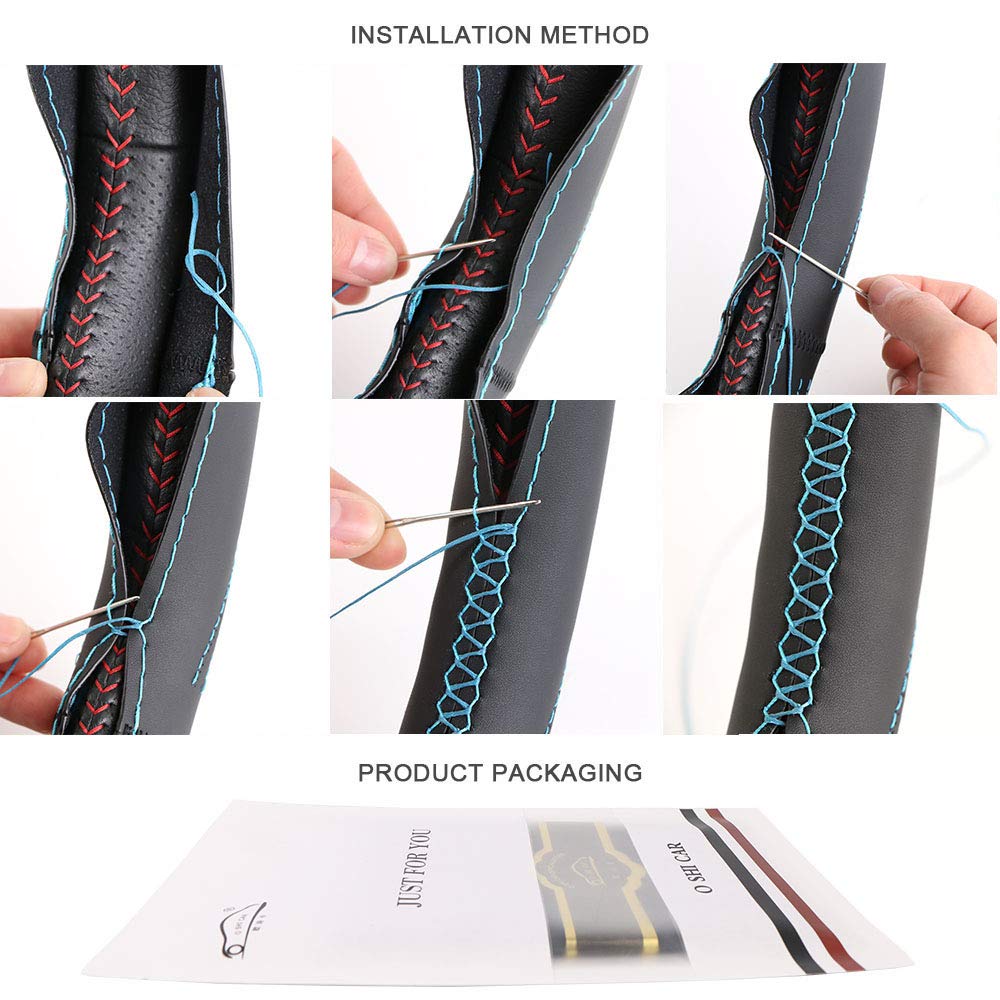 Universal Genuine Leather Steering Wheel Cover Hand Sewing Breathable Design 15 Inch DIY Cowhide Car Steering Wrap Black