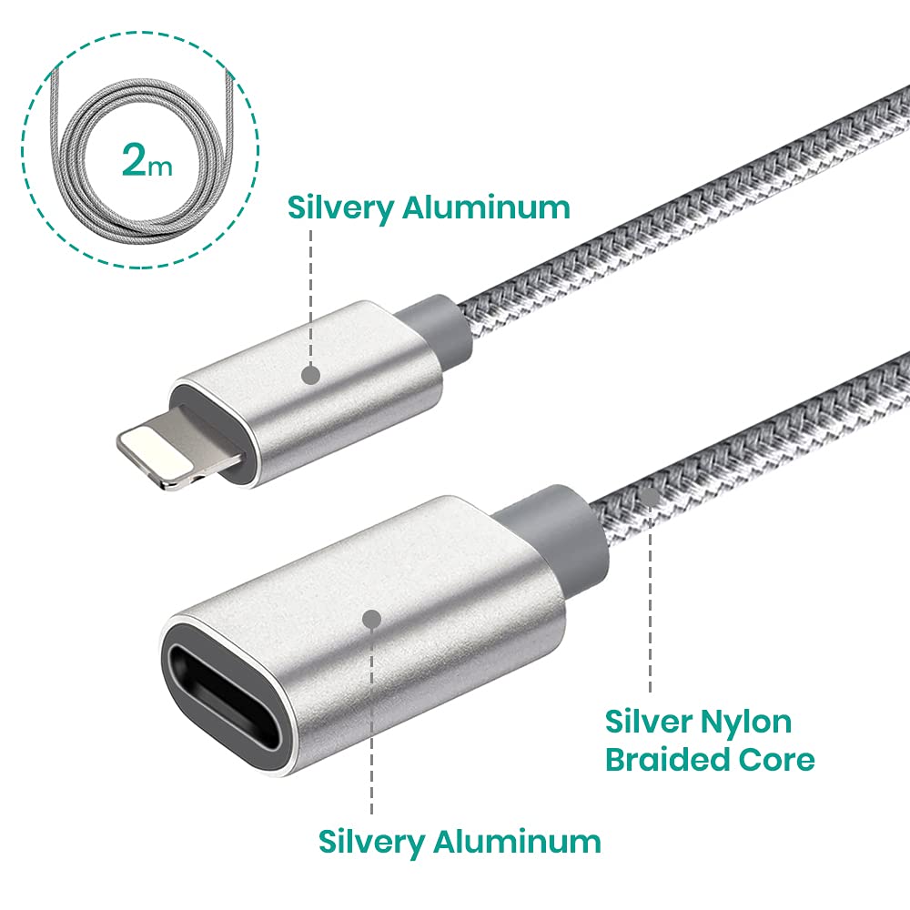 6.6FT Braid Extension Cord Cable Charging Sync Video &amp; Audio Compatible with iOS Devices (Phone/Pad/Pod), Male to Female Dock Cable Extender Connector Case Adapter (Gray)
