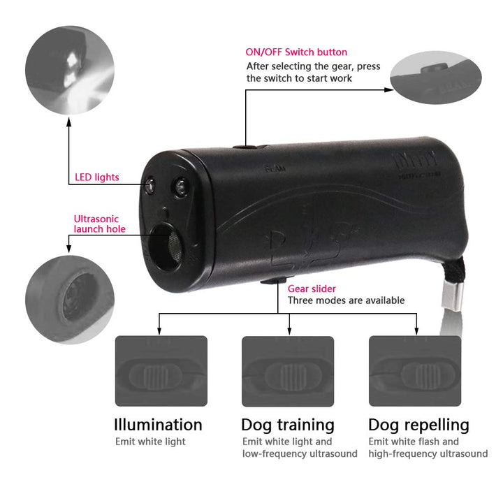 OYEFLY Handheld Dog Repellent Trainer, 3 in 1 Anti Barking Device with LED Flashlight, Ultrasonic Dog Deterrent and Bark Stopper Dog Trainer Devices - Training Tool/Stop Barking (Black)